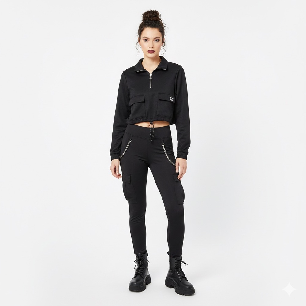 Adidas Womens Cropped Sweatshirt Half Zip Black Pullover Jumper Goth Athleisure - Picture 11 of 11